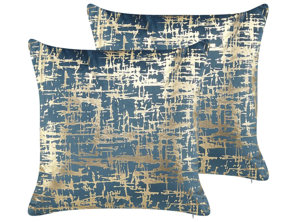 Set 2 Cushions Crackle Pattern 45 x 45 cm Blue and Gold GARDENIA