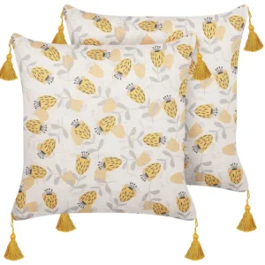 Set 2 Cushions Flower Pattern 45 x 45 cm Giallo sole and Beige ABUTILON