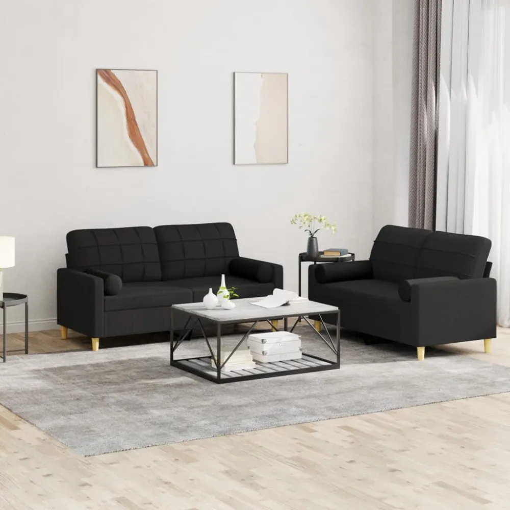 Set Divani 2 pz con Cuscini Nero Tessuto con Schienale Regolabile