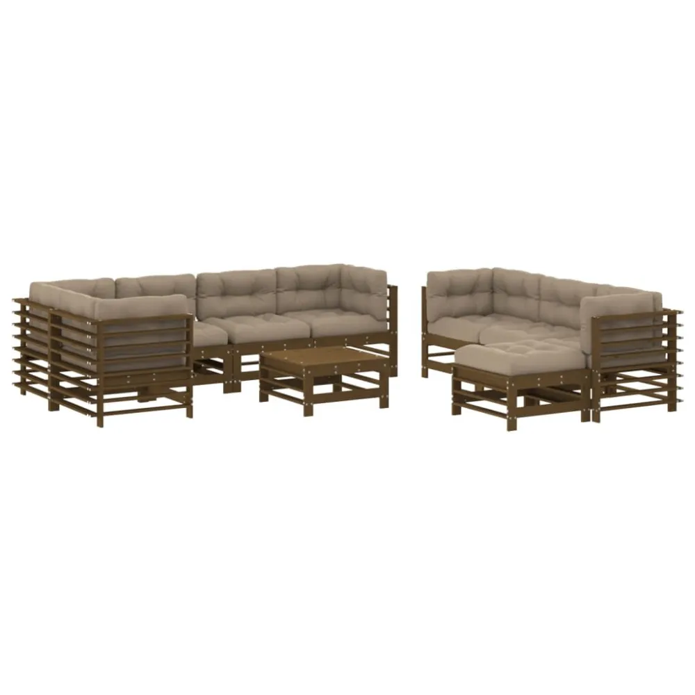 Set Divani da Giardino 10pz con Cuscini Legno Massello ambra con Sistema di Montaggio Rapido