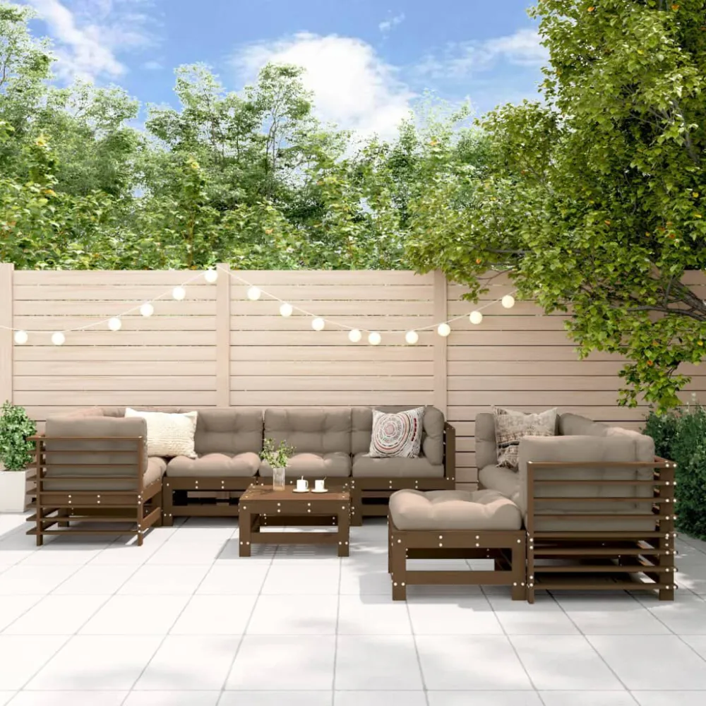 Set Divani da Giardino 10pz con Cuscini Legno Massello ambra con Sistema di Montaggio Rapido