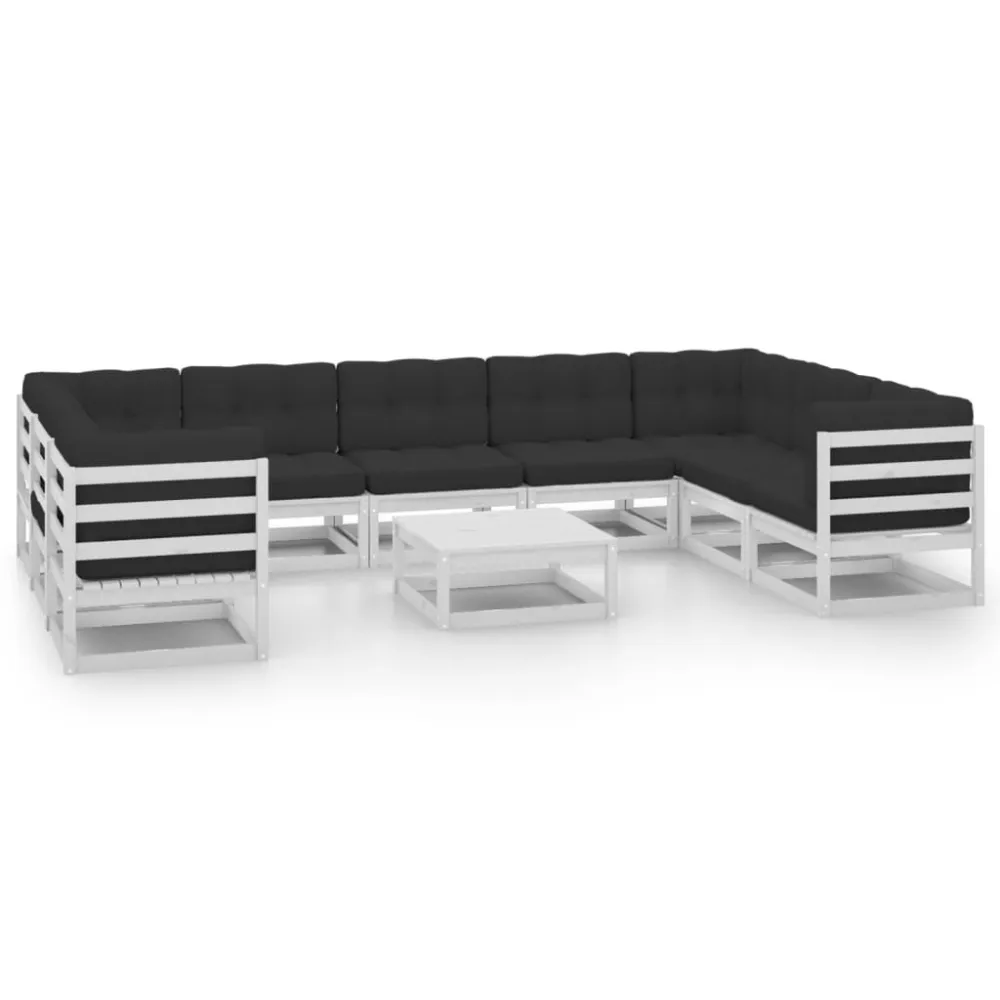 Set Divani da Giardino 10pz con Cuscini Massello di Pino Bianco Easy Storage
