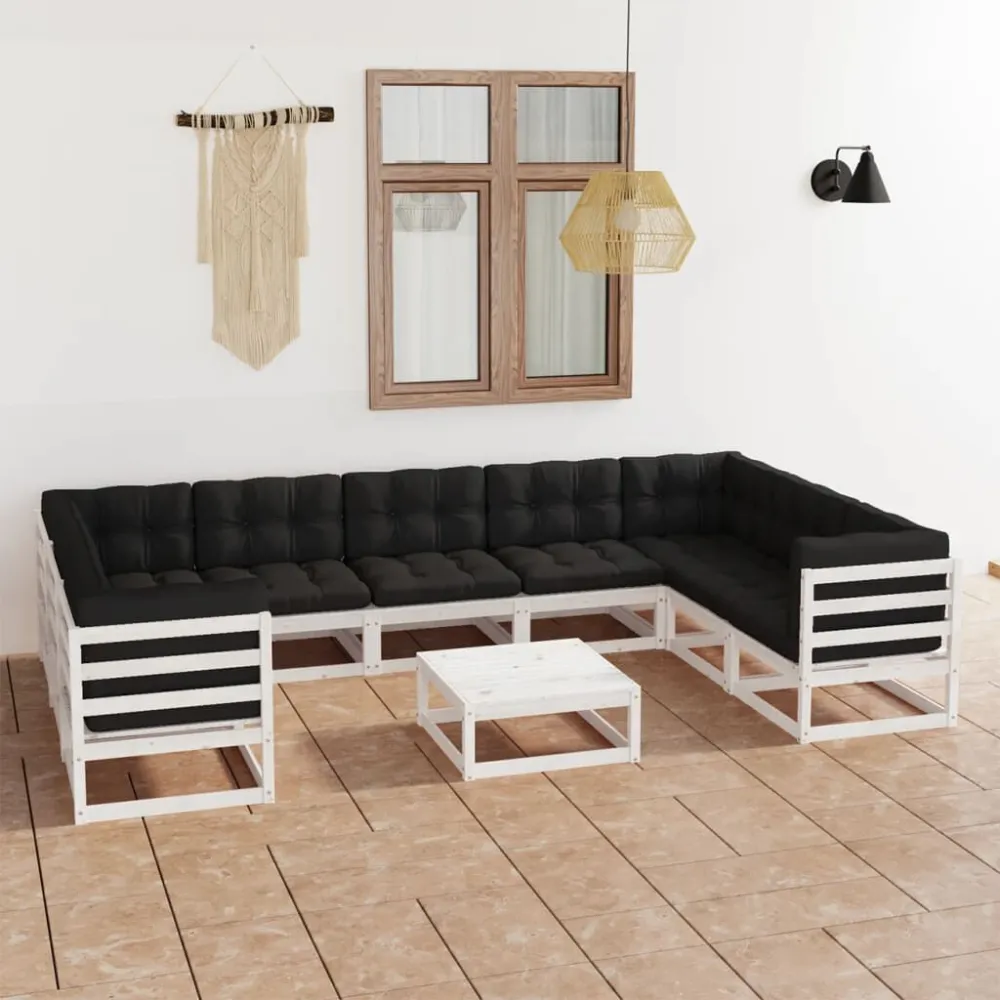 Set Divani da Giardino 10pz con Cuscini Massello di Pino Bianco Easy Storage