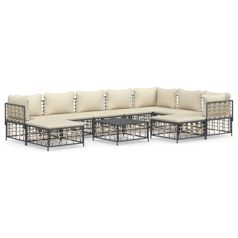 Set Divani da Giardino 10pz con Cuscini Antracite Polyrattan con Cuscino Estraibile