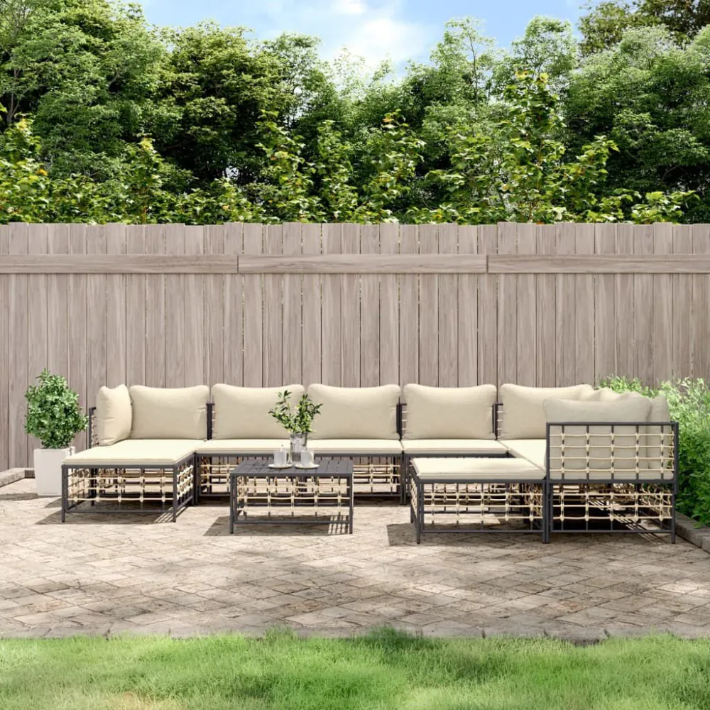 Set Divani da Giardino 10pz con Cuscini Antracite Polyrattan con Cuscino Estraibile