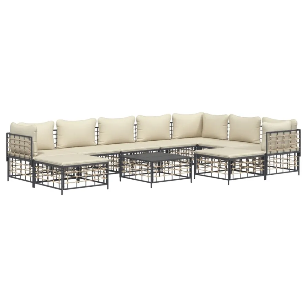 Set Divani da Giardino 10pz con Cuscini Antracite Polyrattan con Cuscino Estraibile
