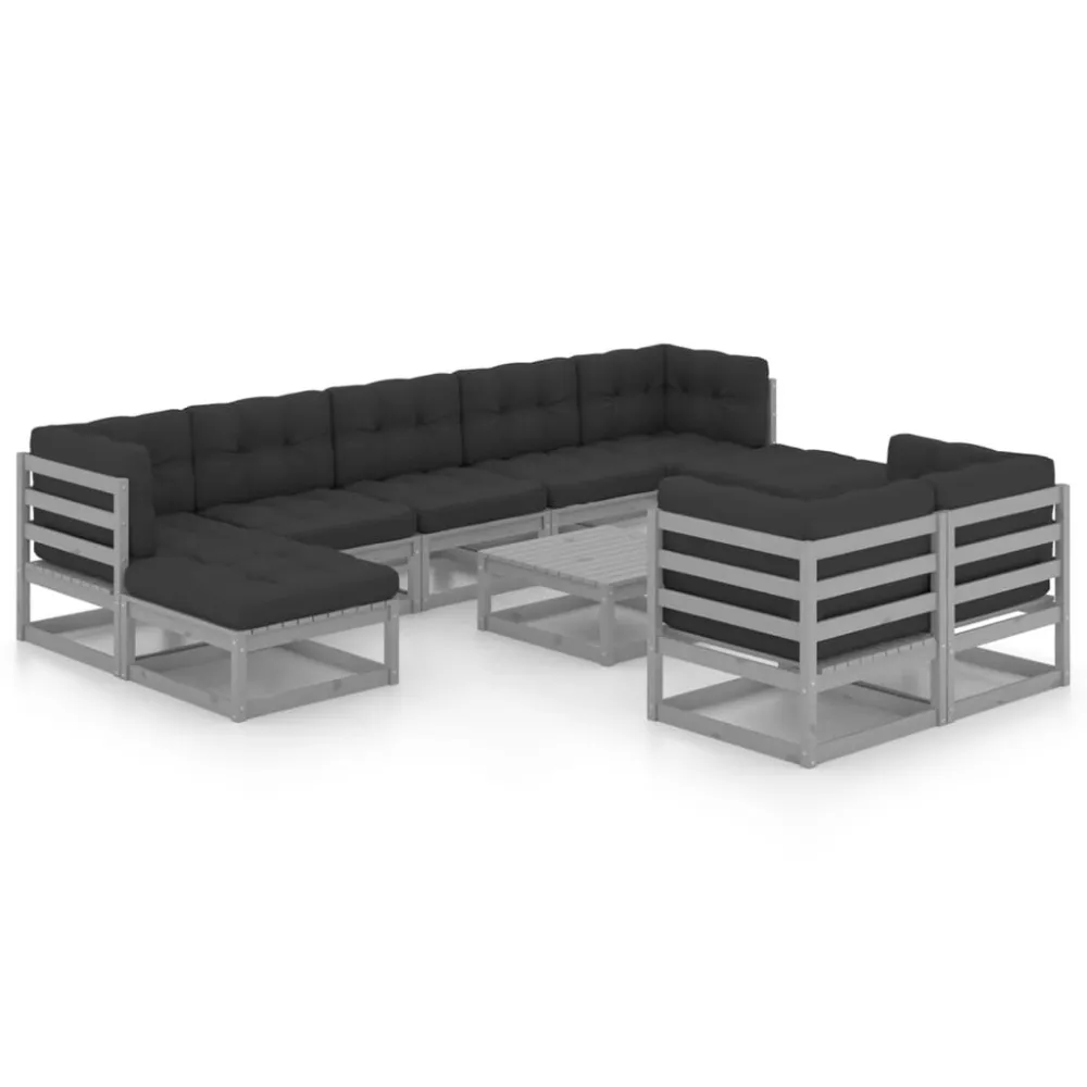 Set Divani da Giardino 10pz con Cuscini Grigio Massello di Pino con Struttura Acciaio