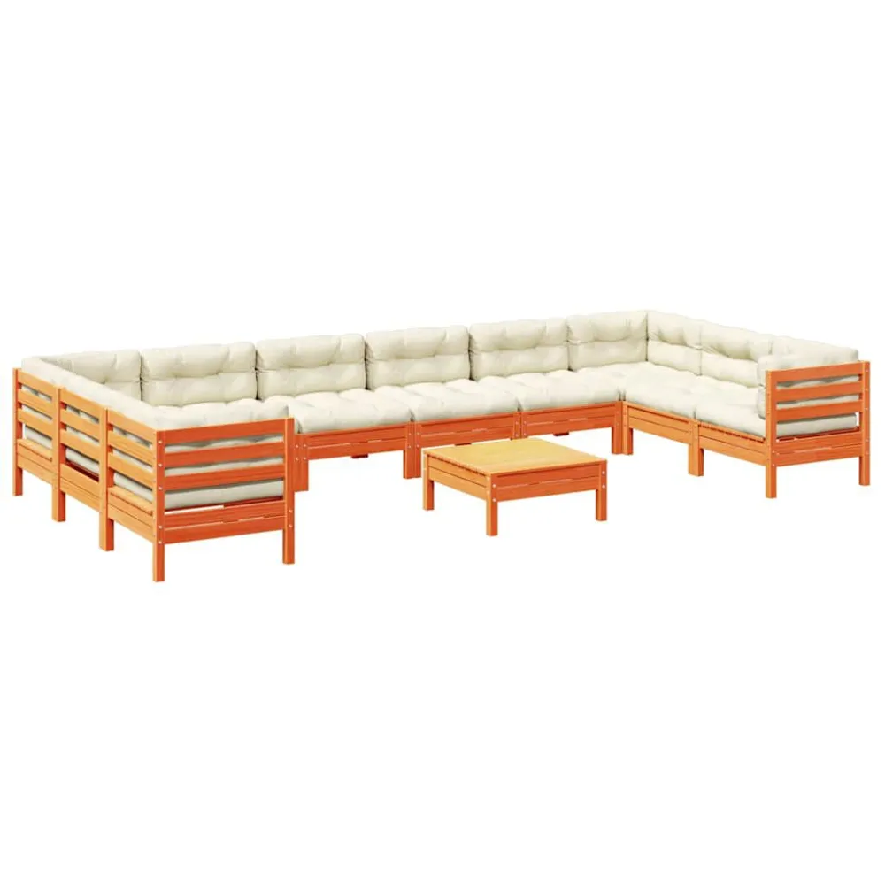 Set Divani Giardino 11pz con Cuscini Marrone Cera Massello Pino con Portabicchiere Integrato