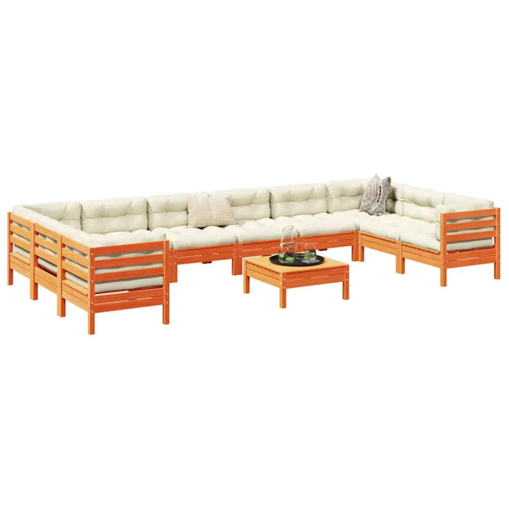 Set Divani Giardino 11pz con Cuscini Marrone Cera Massello Pino con Portabicchiere Integrato