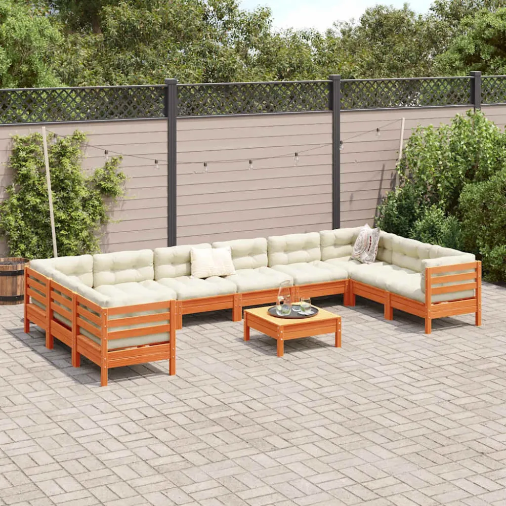 Set Divani Giardino 11pz con Cuscini Marrone Cera Massello Pino con Portabicchiere Integrato