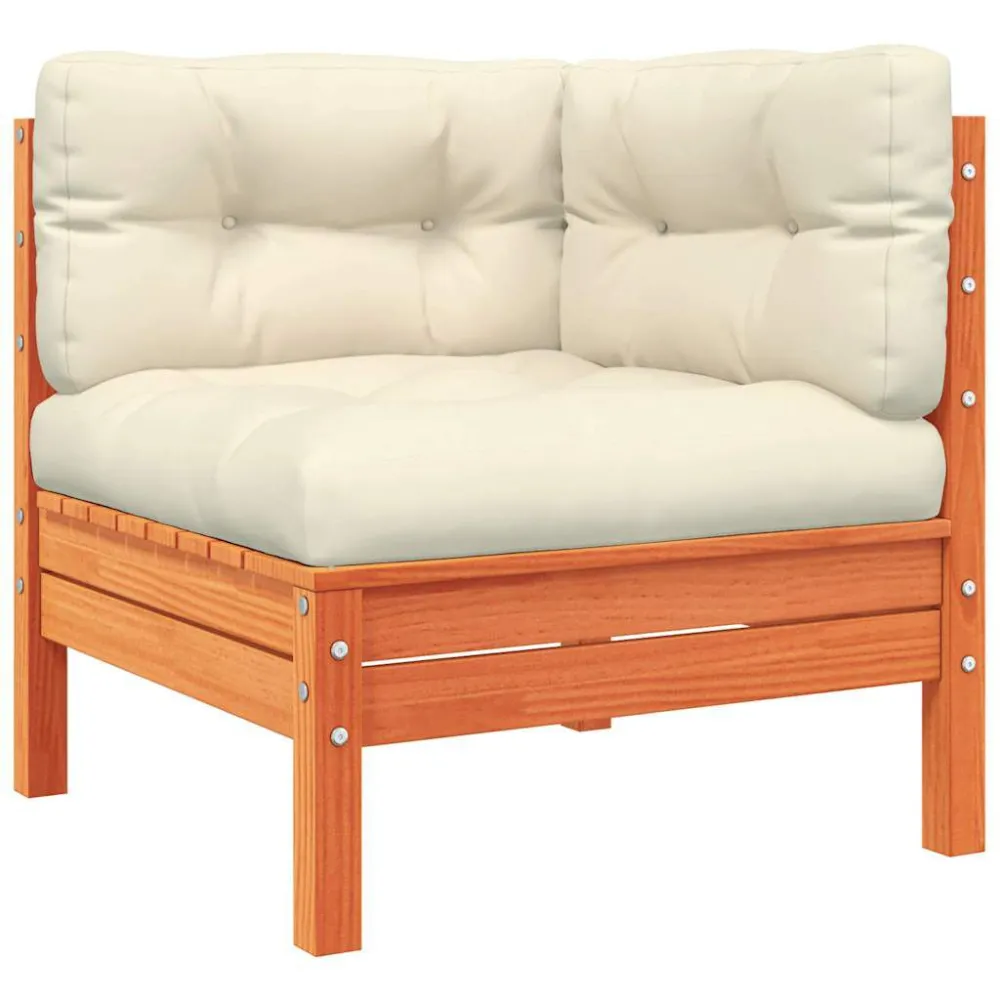Set Divani Giardino 11pz con Cuscini Marrone Cera Massello Pino con Portabicchiere Integrato