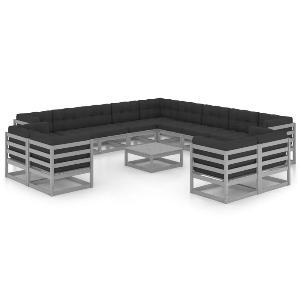 Set Divani da Giardino 14pz con Cuscini Grigio Massello di Pino con Rivestimento Tessuto