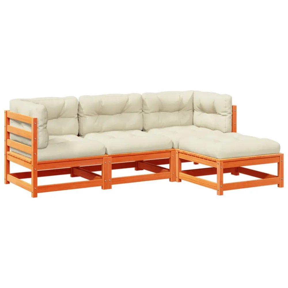 Set Divani Giardino 4pz con Cuscini Marrone Cera Massello Pino con Struttura Acciaio