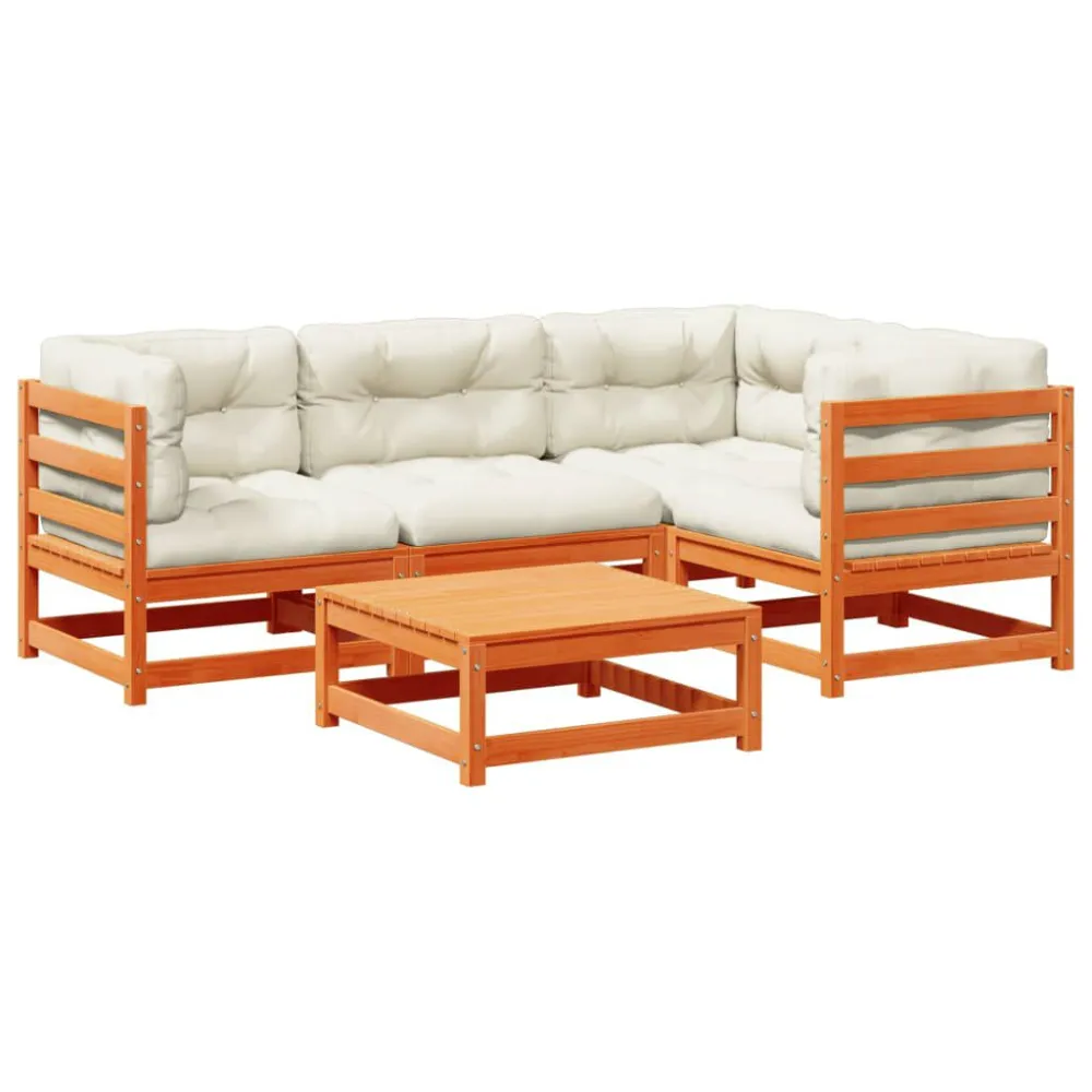 Set Divani Giardino 5pz con Cuscini Marrone Cera Massello Pino Materiale Alluminio Anodizzato