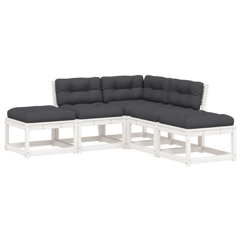 Set Divani Giardino 5pz con Cuscini Bianco Legno Massello Pino con Struttura Acciaio