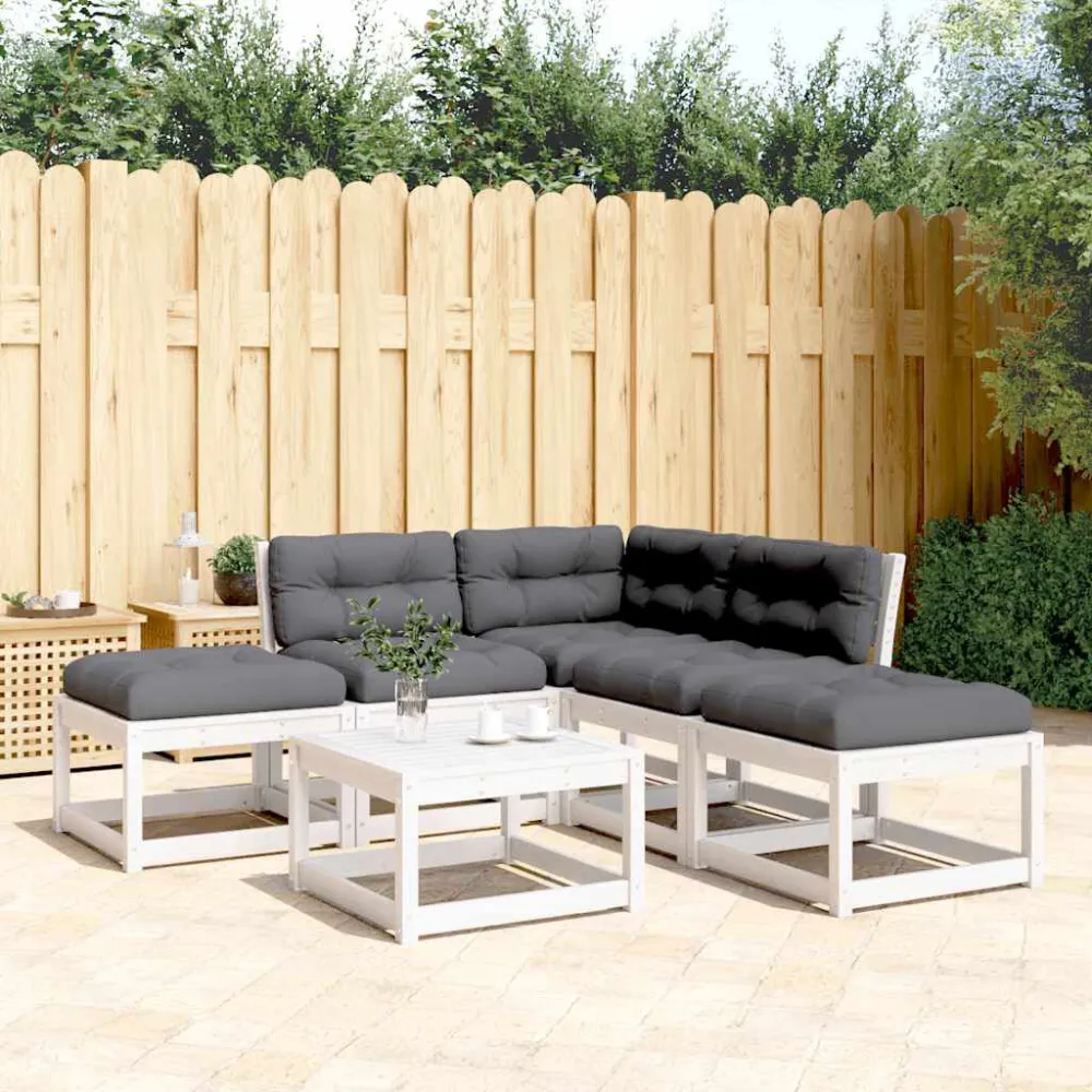 Set Divani Giardino 5pz con Cuscini Bianco Legno Massello Pino con Struttura Acciaio