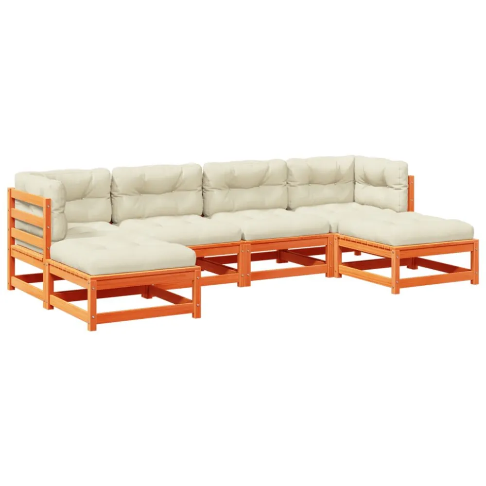 Set Divani Giardino 6pz con Cuscini Marrone Cera Massello Pino con Portabicchiere Integrato