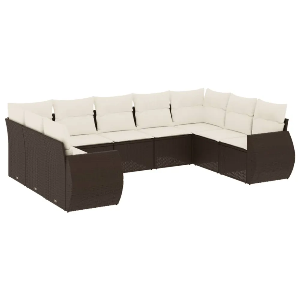 Set Divani da Giardino 9pz con Cuscini Marrone Polyrattan con Struttura Acciaio