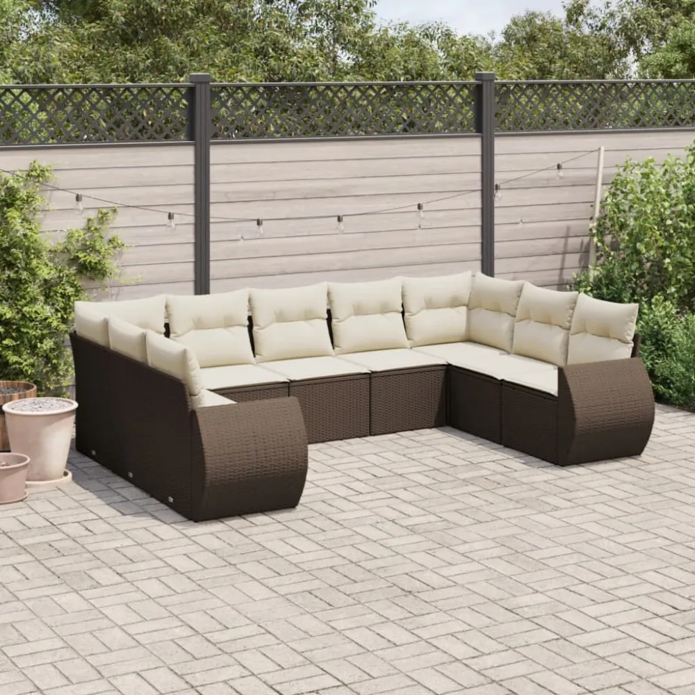 Set Divani da Giardino 9pz con Cuscini Marrone Polyrattan con Struttura Acciaio