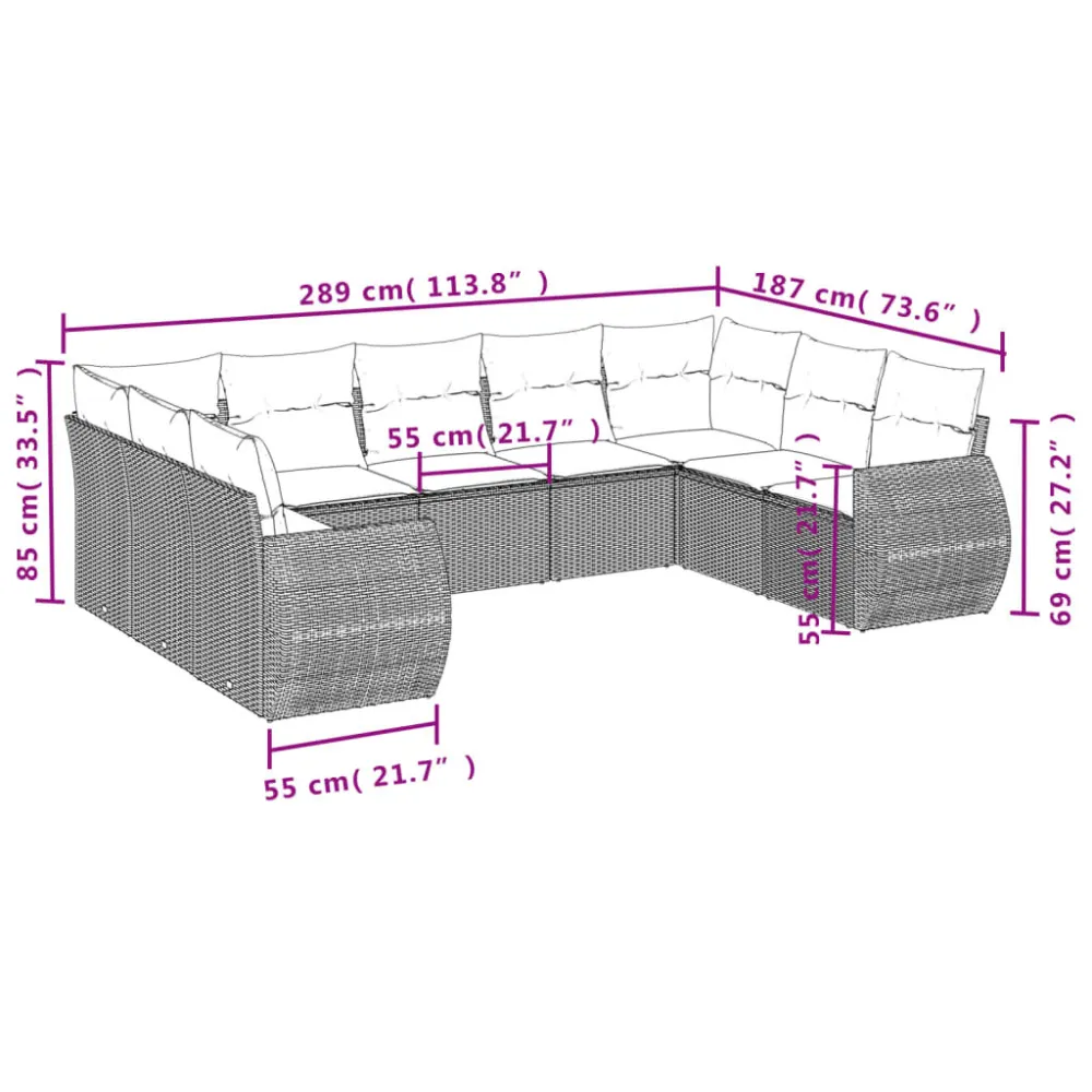 Set Divani da Giardino 9pz con Cuscini Marrone Polyrattan con Struttura Acciaio