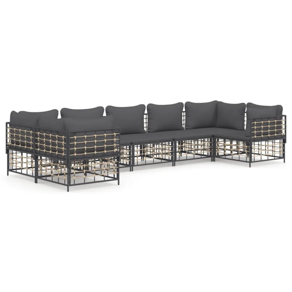 Set Divani da Giardino 7 pz con Cuscini Antracite Polyrattan con Portabicchiere Integrato