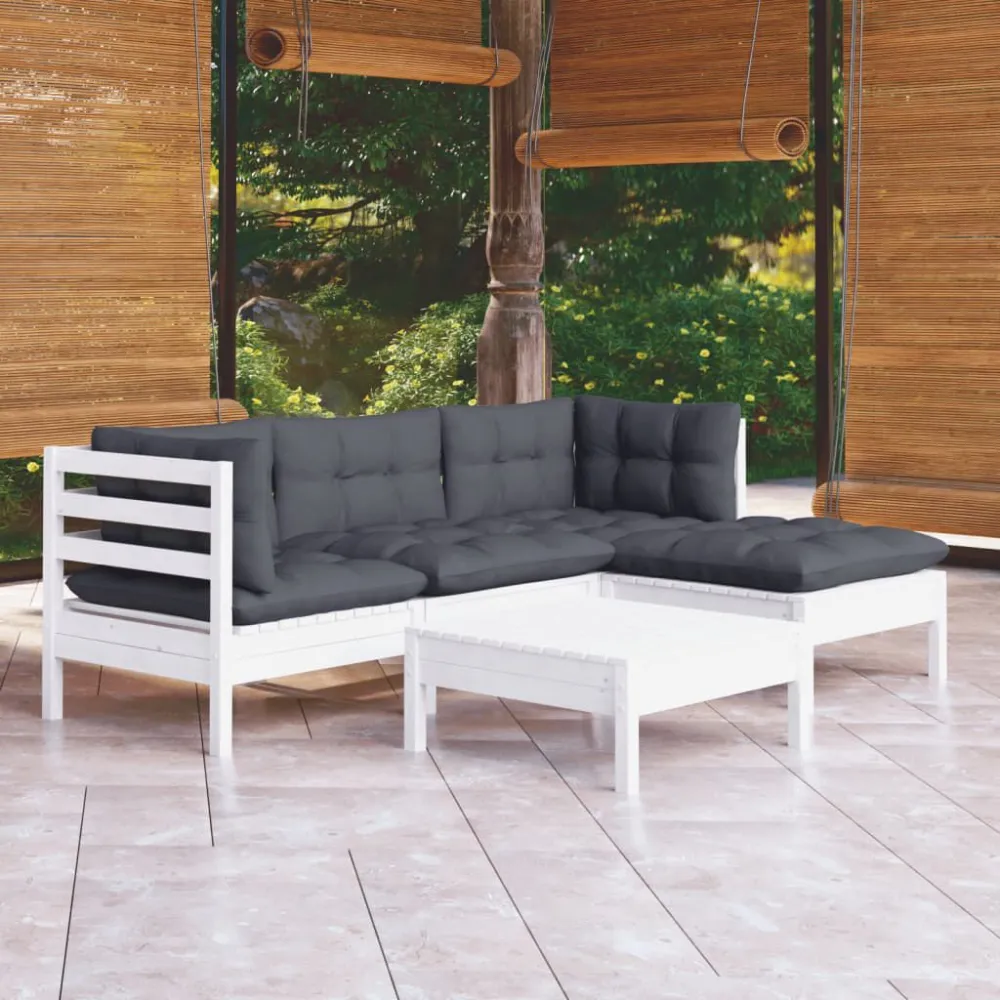 Set Divani da Giardino 5 pz con Cuscini Bianchi Legno di Pino con Portabicchiere Integrato