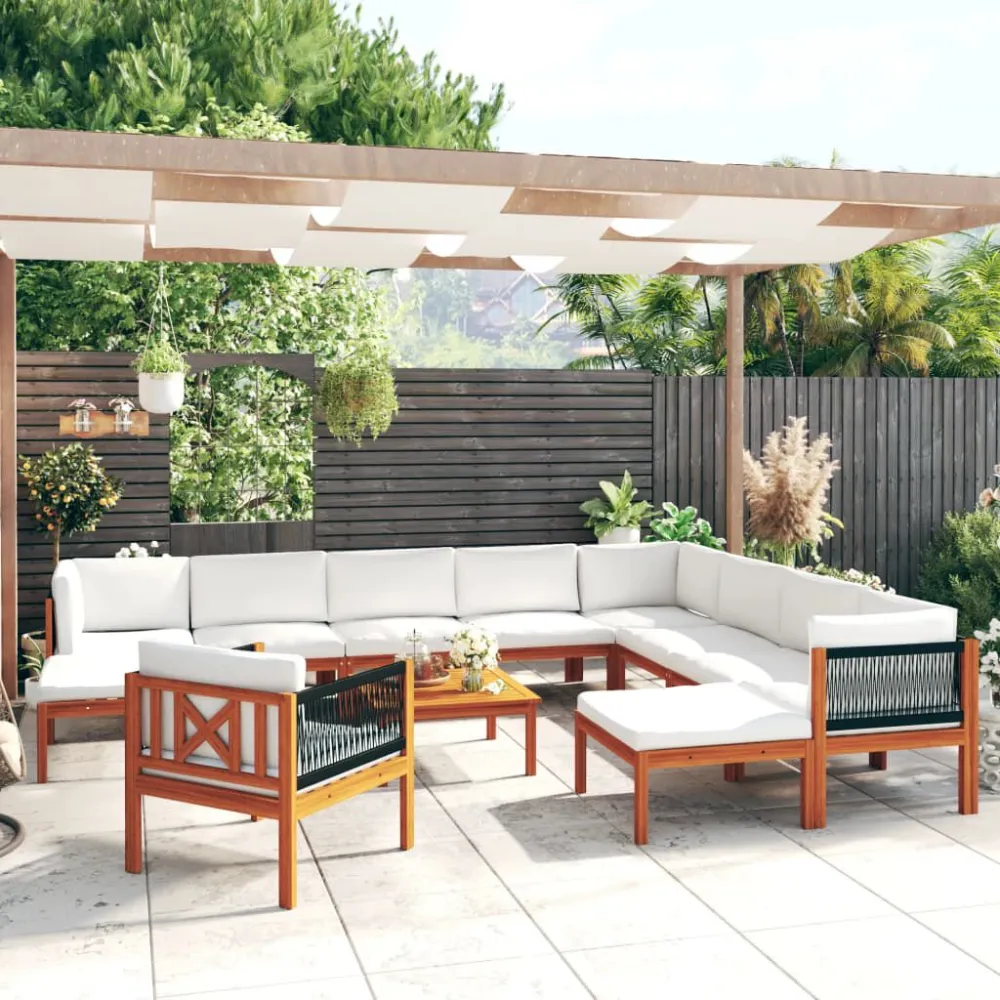 Set Divani da Giardino 12 pz con Cuscini Crema Massello Acacia per Giardino e Spiaggia