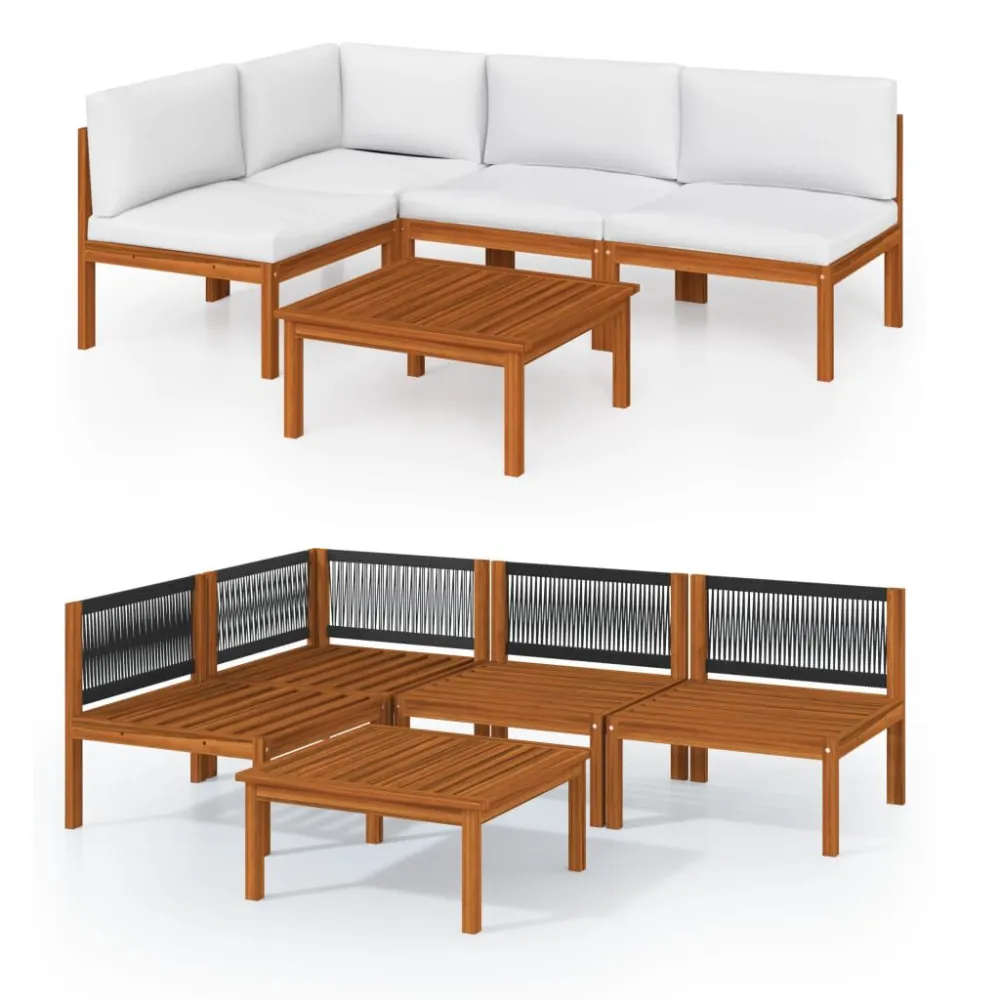 Set Divani da Giardino 5 pz con Cuscini Crema Massello Acacia con Cuscino Estraibile