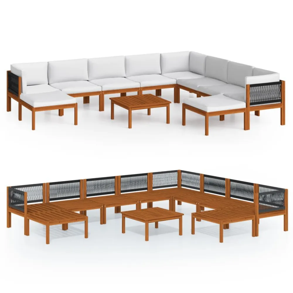 Set Divani da Giardino 11 pz con Cuscini Crema Massello Acacia Legno Massello