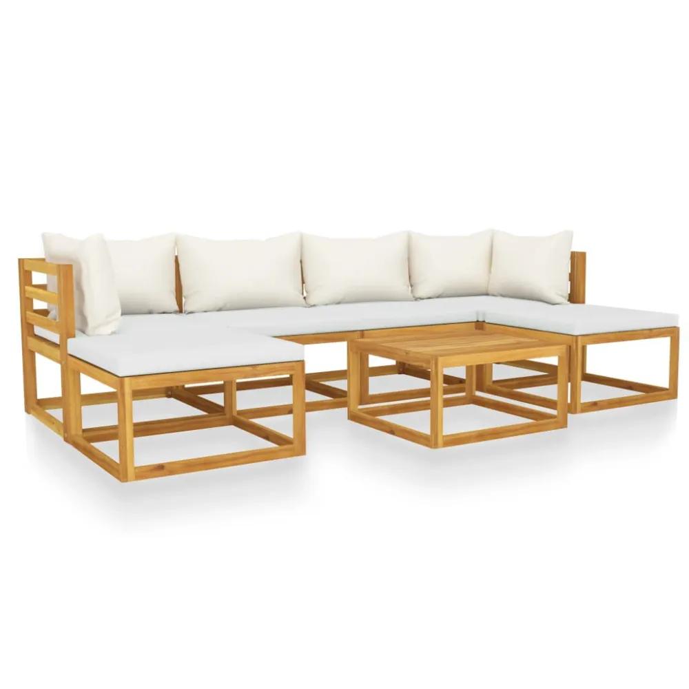 Set Divani da Giardino 7 pz con Cuscini Crema Legno Acacia con Rivestimento Tessuto