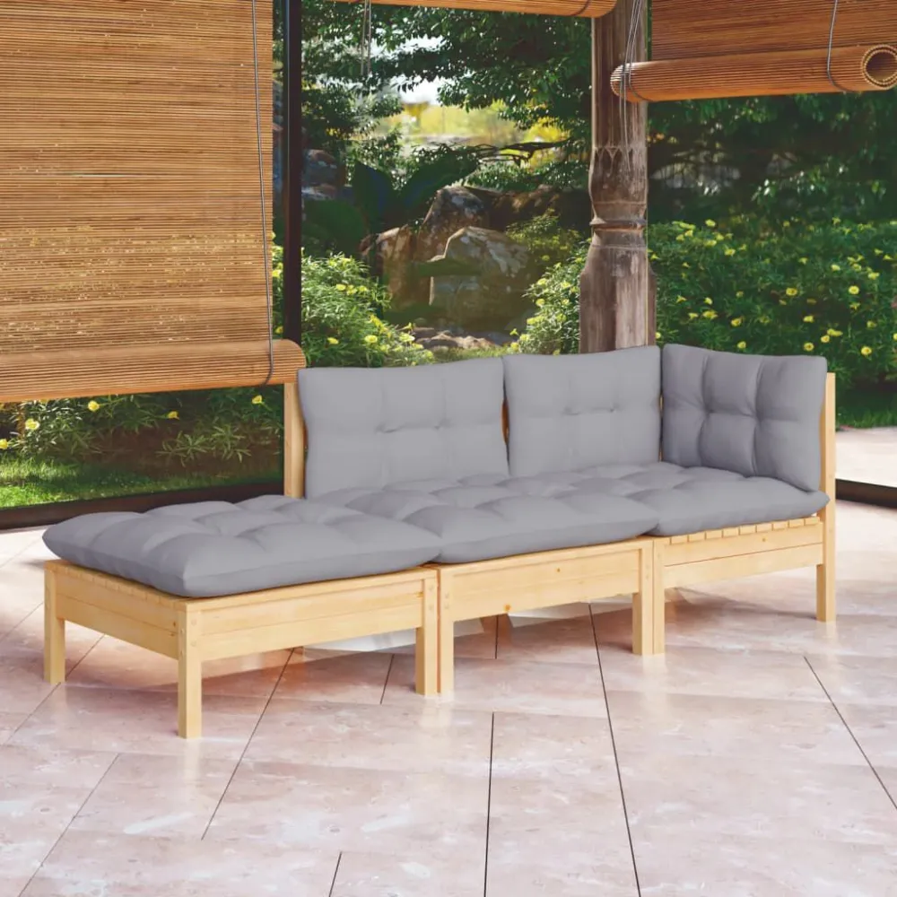 Set Divani da Giardino 3 pz con Cuscini Grigi Massello di Pino | Pieghevole e Leggera