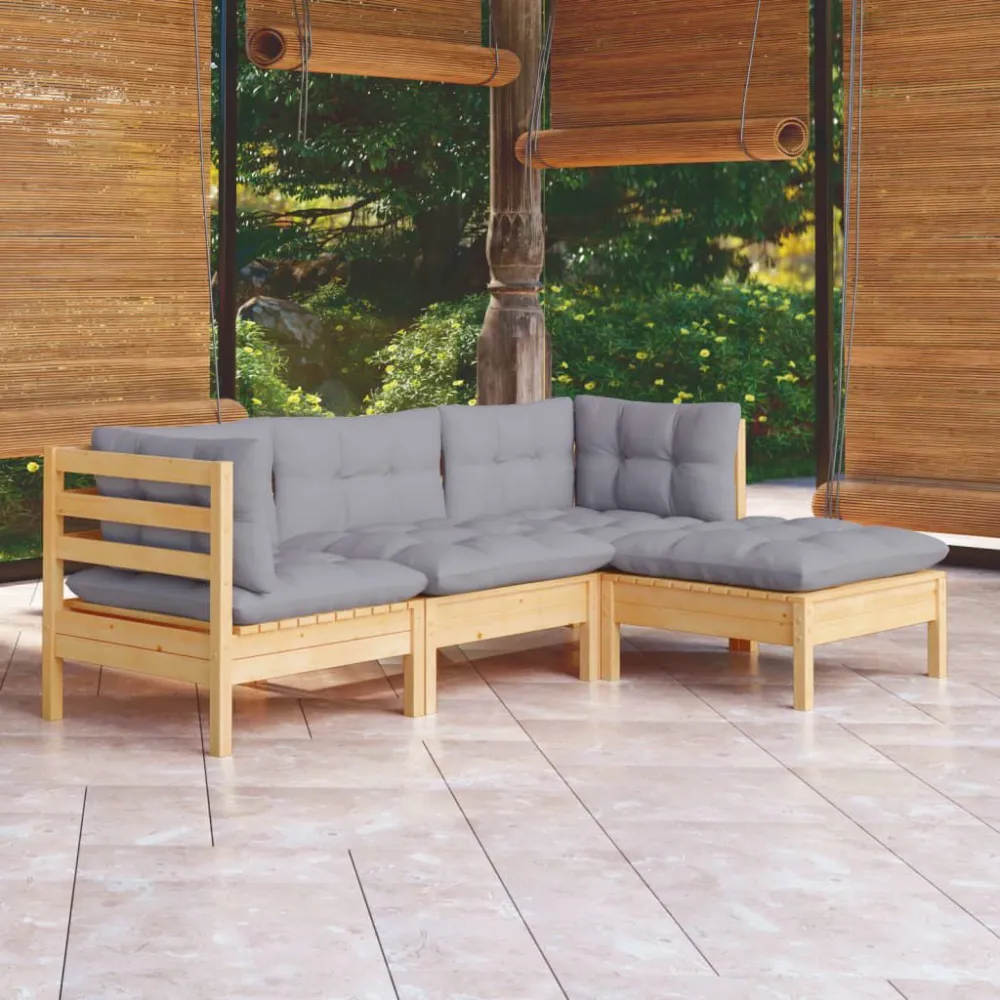 Set Divani da Giardino 4 pz con Cuscini Grigi Massello di Pino per Giardino e Spiaggia