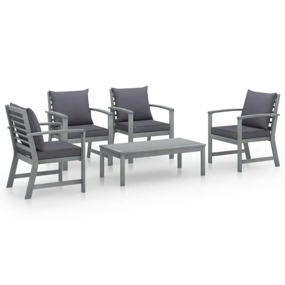 Set Divani da Giardino 5 pz con Cuscini Legno Acacia Grigio con Portabicchiere Integrato