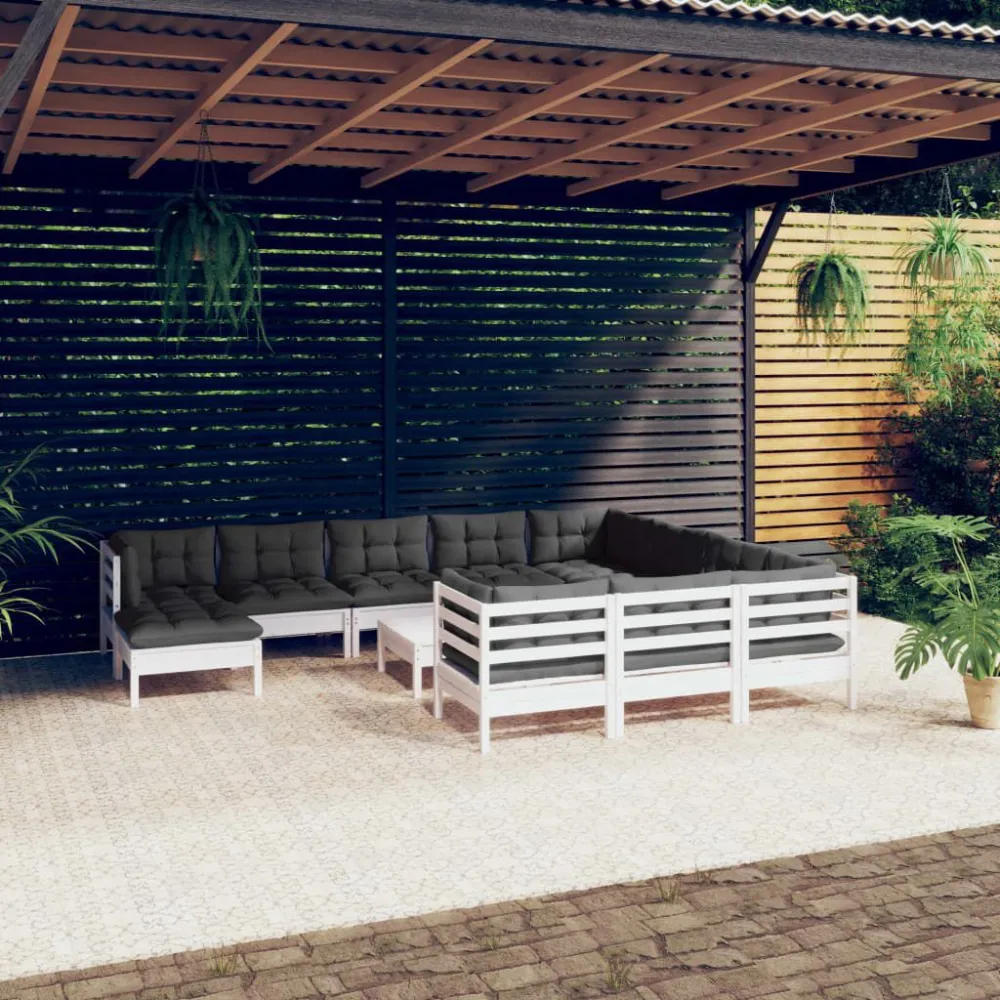 Set Divani da Giardino 12 pz con Cuscini Legno di Pino Bianco per Relax all'Aperto