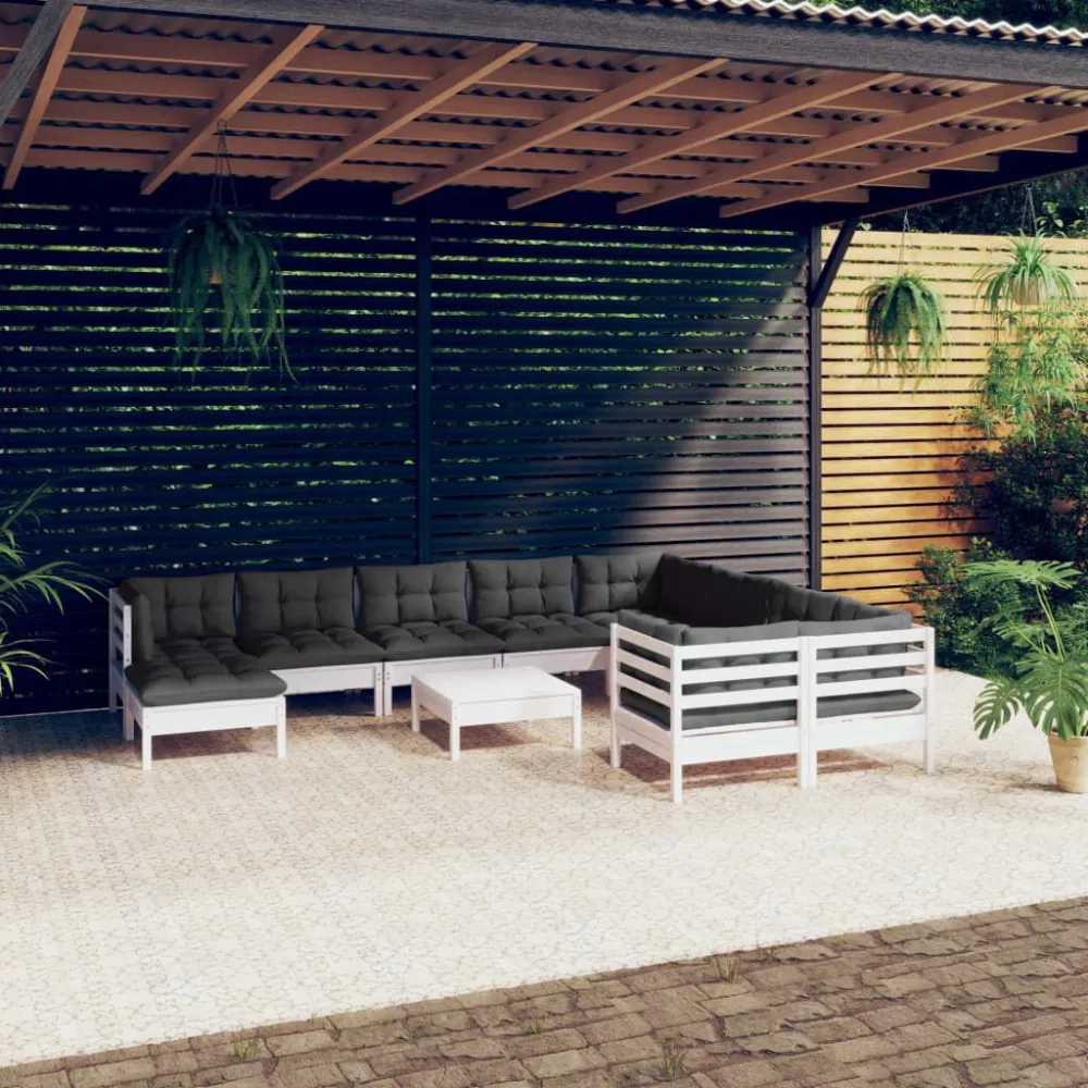 Set Divani da Giardino 11 pz con Cuscini Legno di Pino Bianco Easy Storage
