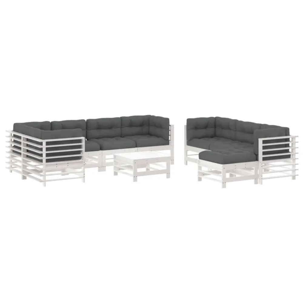 Set Divani da Giardino 10 pz con Cuscini Legno Massello Bianco per Relax all'Aperto
