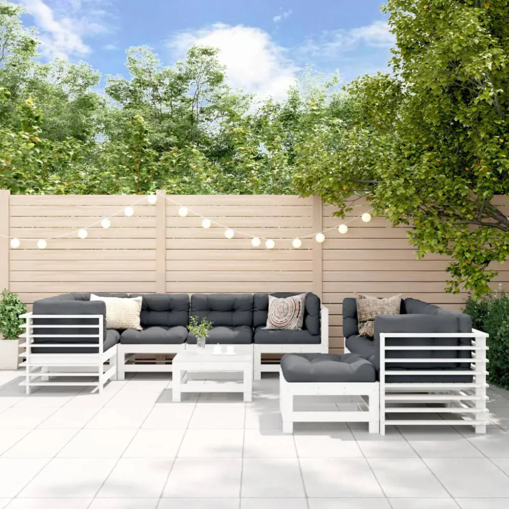 Set Divani da Giardino 10 pz con Cuscini Legno Massello Bianco per Relax all'Aperto
