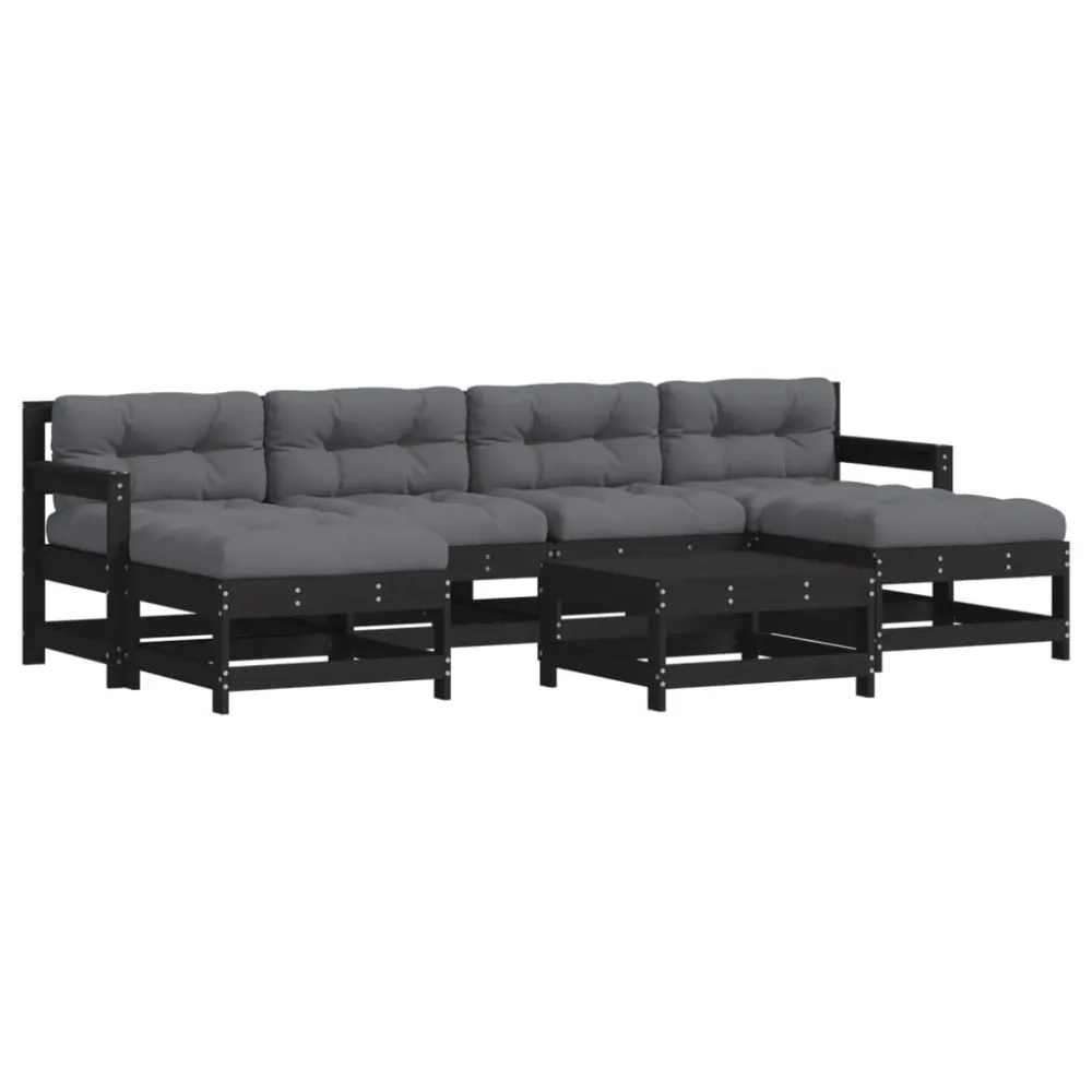 Set Divani da Giardino 7 pz con Cuscini Legno Massello Nero con Sistema di Montaggio Rapido