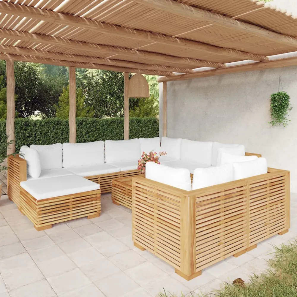 Set Divani da Giardino 10 pz con Cuscini Legno Massello di Teak Colori Vivaci