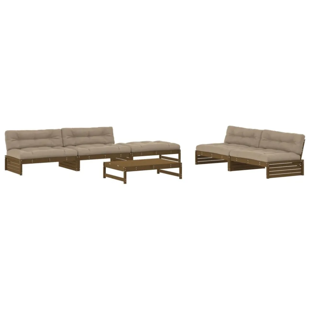 Set Divani da Giardino 6 pz con Cuscini Legno Massello ambra con Portabicchiere Integrato