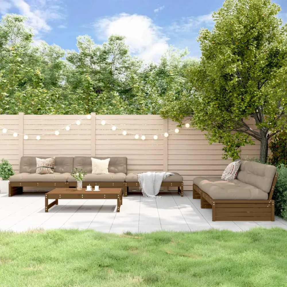 Set Divani da Giardino 6 pz con Cuscini Legno Massello ambra con Portabicchiere Integrato