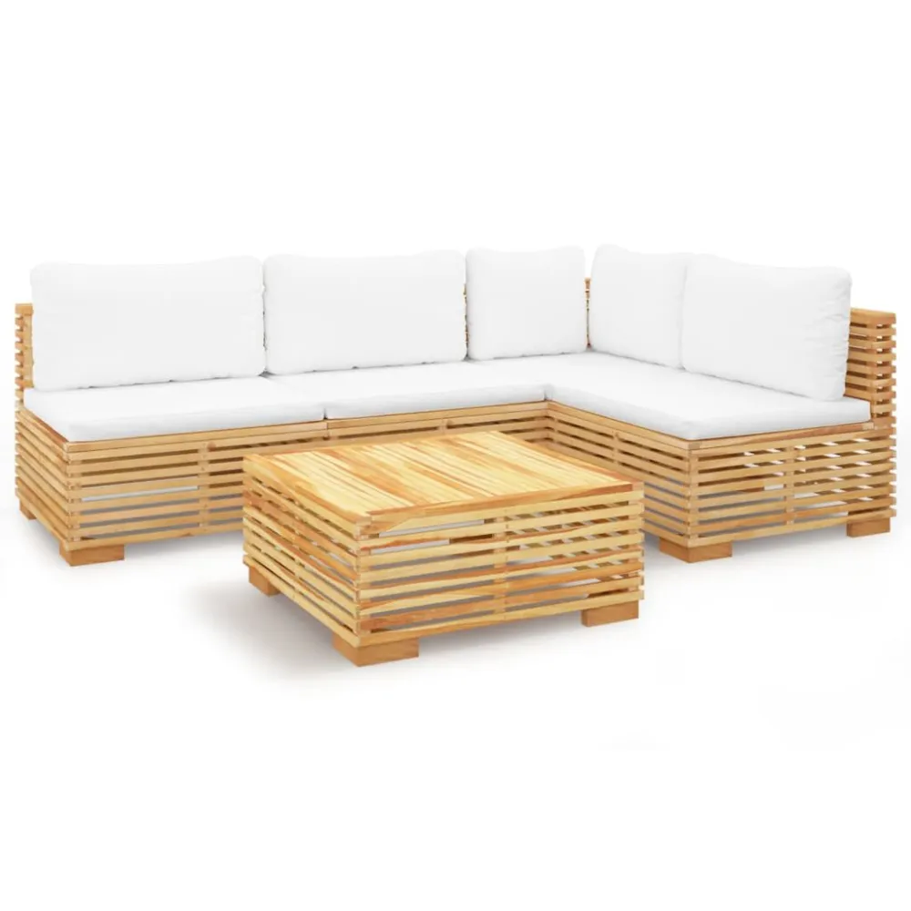 Set Divani da Giardino 5 pz con Cuscini Legno Massello di Teak con Portabicchiere Integrato