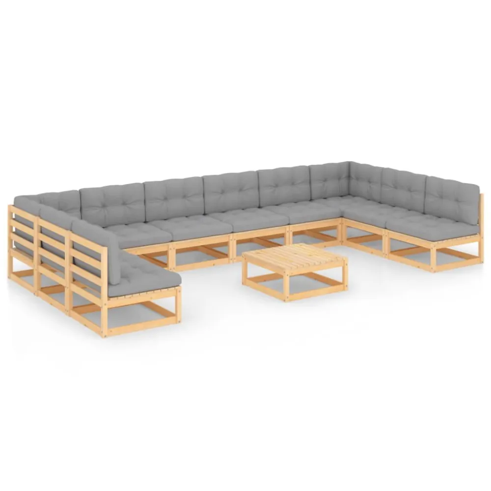 Set Divani Giardino 11 pz con Cuscini Legno Massello di Pino con Portabicchiere Integrato