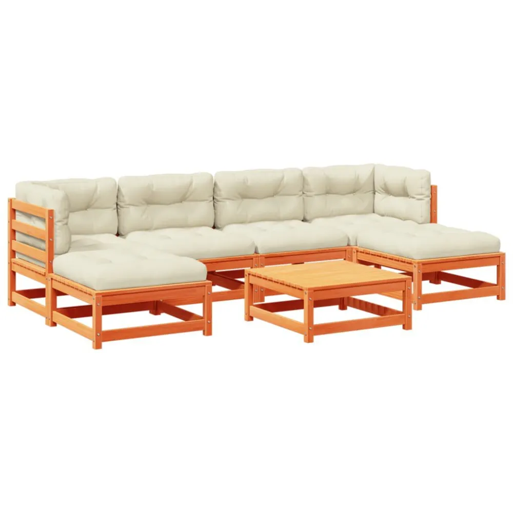 Set Divani Giardino 7 pz con Cuscini Marrone Cera Massello Pino - Impermeabile e UV Resistente