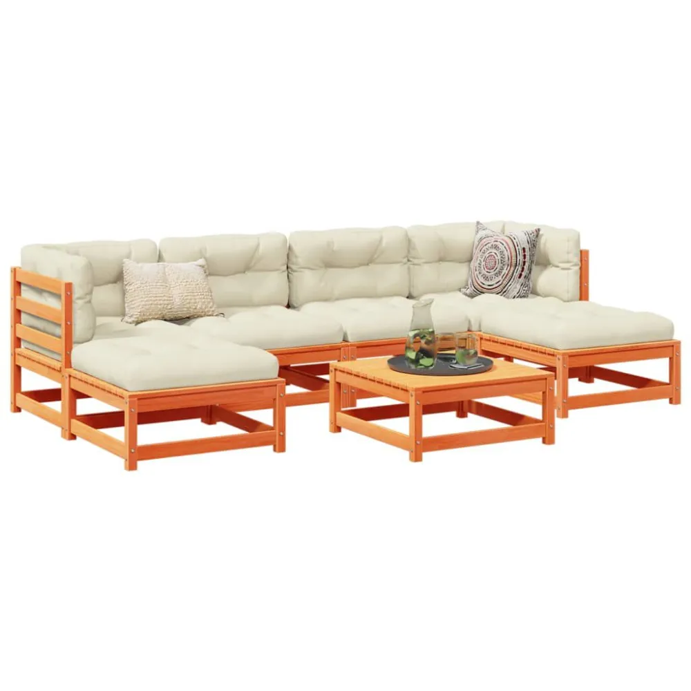 Set Divani Giardino 7 pz con Cuscini Marrone Cera Massello Pino - Impermeabile e UV Resistente
