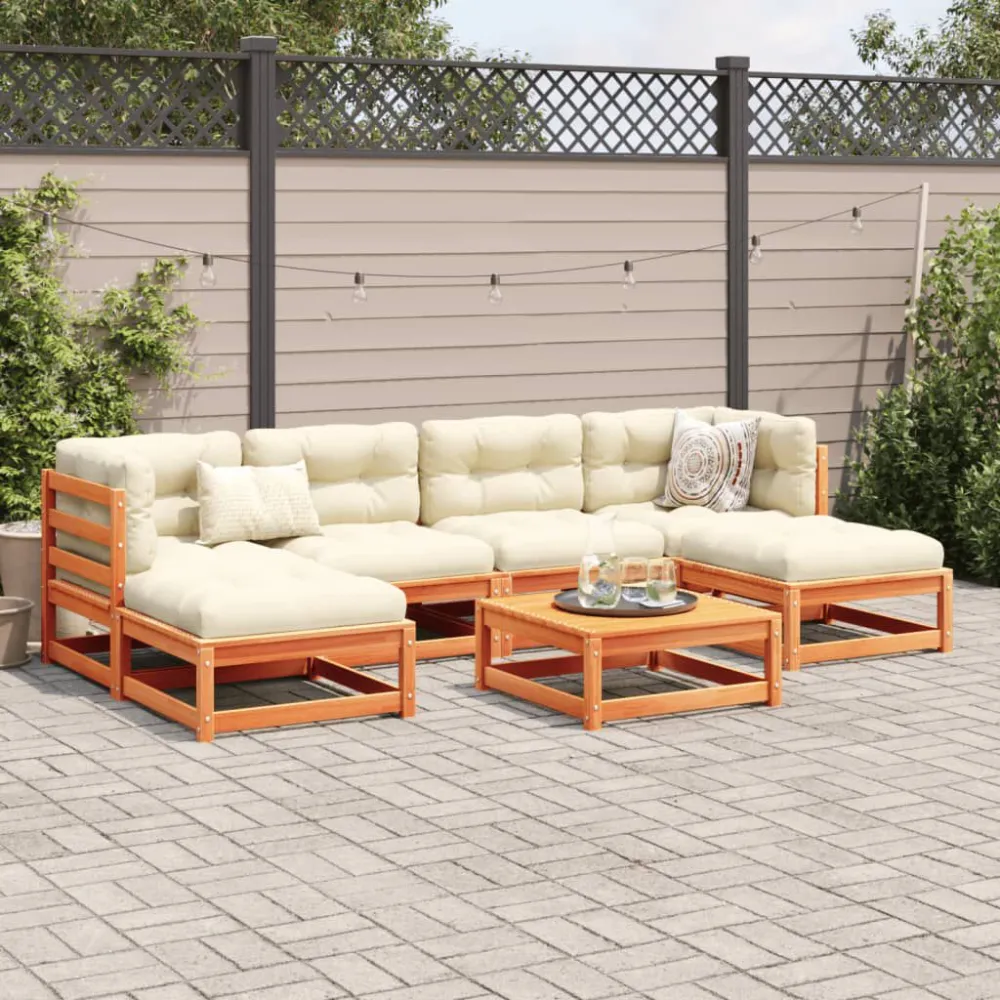 Set Divani Giardino 7 pz con Cuscini Marrone Cera Massello Pino - Impermeabile e UV Resistente