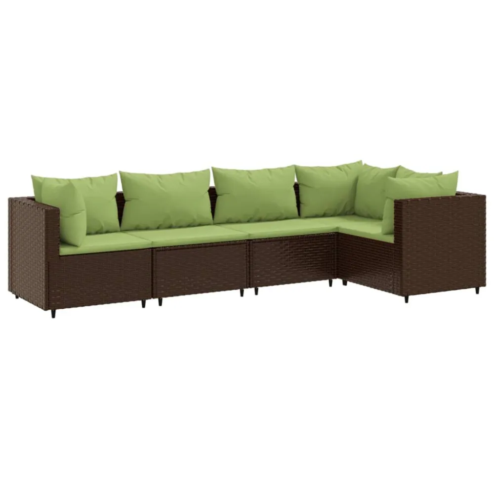 Set Divani da Giardino 5 pz con Cuscini Marrone Polyrattan per Relax all'Aperto