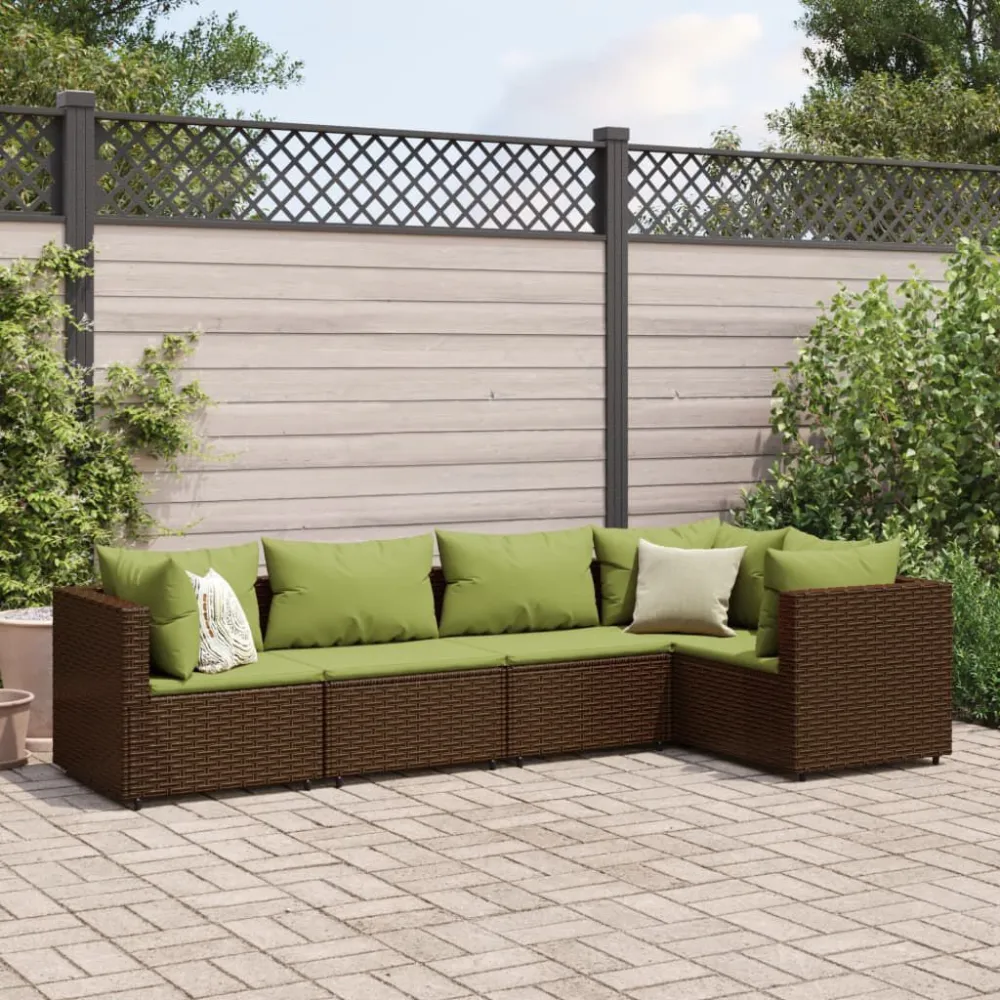 Set Divani da Giardino 5 pz con Cuscini Marrone Polyrattan per Relax all'Aperto