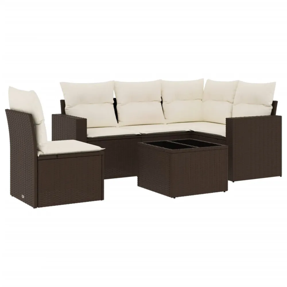Set Divani da Giardino 6 pz con Cuscini Marrone Polyrattan con Rivestimento Tessuto