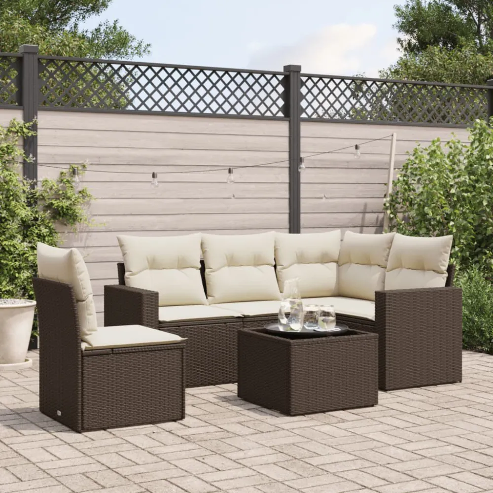 Set Divani da Giardino 6 pz con Cuscini Marrone Polyrattan con Rivestimento Tessuto